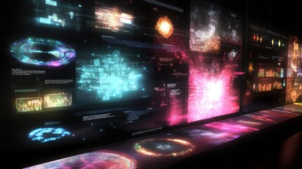 Futuristic digital interface with glowing data visualizations and abstract patterns on multiple screens.
