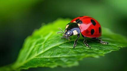 Fototapeta premium Red Ladybug on Green Leaf Close Up