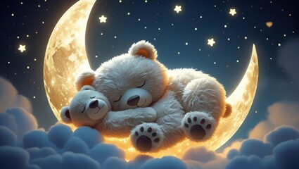 "Dreamy Teddy Bear Sleeping on a Crescent Moon Illustration"