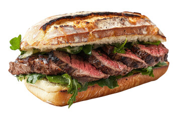 A Succulent Grilled Steak Sandwich Overflowing With Savory Meat, Nestled In A Crusty Artisan Roll And Vibrant Greens, Showcasing A Delicious Gourmet Bite Isolated on Transparent Background