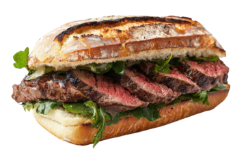A Succulent Grilled Steak Sandwich Overflowing With Savory Meat, Nestled In A Crusty Artisan Roll And Vibrant Greens, Showcasing A Delicious Gourmet Bite Isolated on Transparent Background