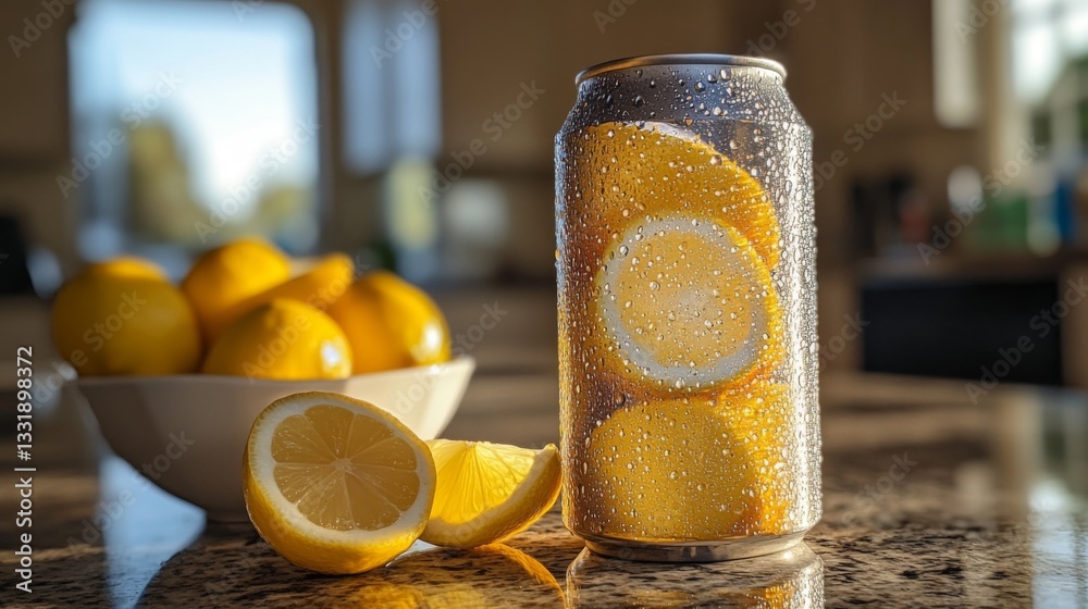 Poster a sparkling beverage can filled with lemon slices sits on a granite countertop, surrounded by fresh 