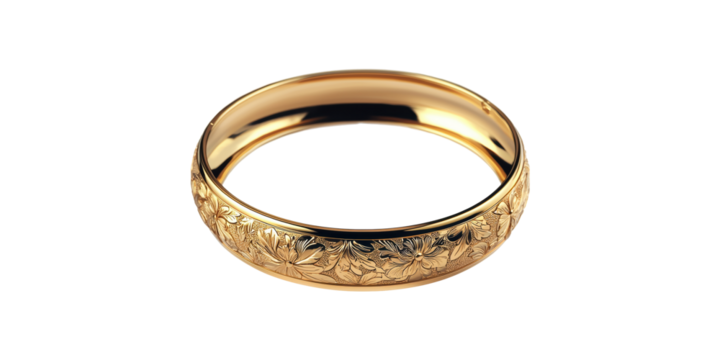Gold Floral Engraved Bangle Bracelet. Elegant Jewelry Design Isolated On Transparent Background
