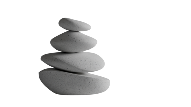 Stack of balancing white pebbles on transparent background representing harmony and wellness