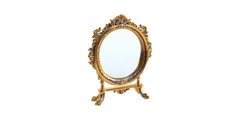 Ornate Gold Oval Mirror With Decorative Frame Stand. Vintage Elegance And Luxury Decor Isolated On Transparent Background