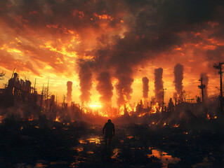 Silhouette figure walks amidst ravaged landscape