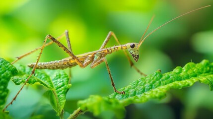 Fototapeta premium Speckled Stick Insect on Green Leaf Macro Photography