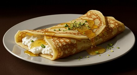 Delicious golden brown crepe with honey ricotta and pistachios eat food cafe sweet plate tasty fresh