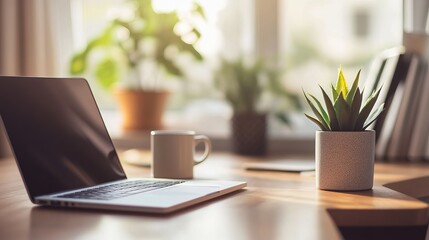 Sunlit Home Office Workspace with Laptop and Plants