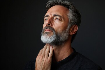 a portrait of a middle-aged man touching his neck with a concerned expression.
