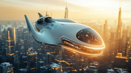 Futuristic flying vehicle soaring over a modern city at sunrise.