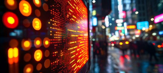 Stock Market Display With Red And Orange Numbers On A Dark Screen, Showing Upward Trending Graphs