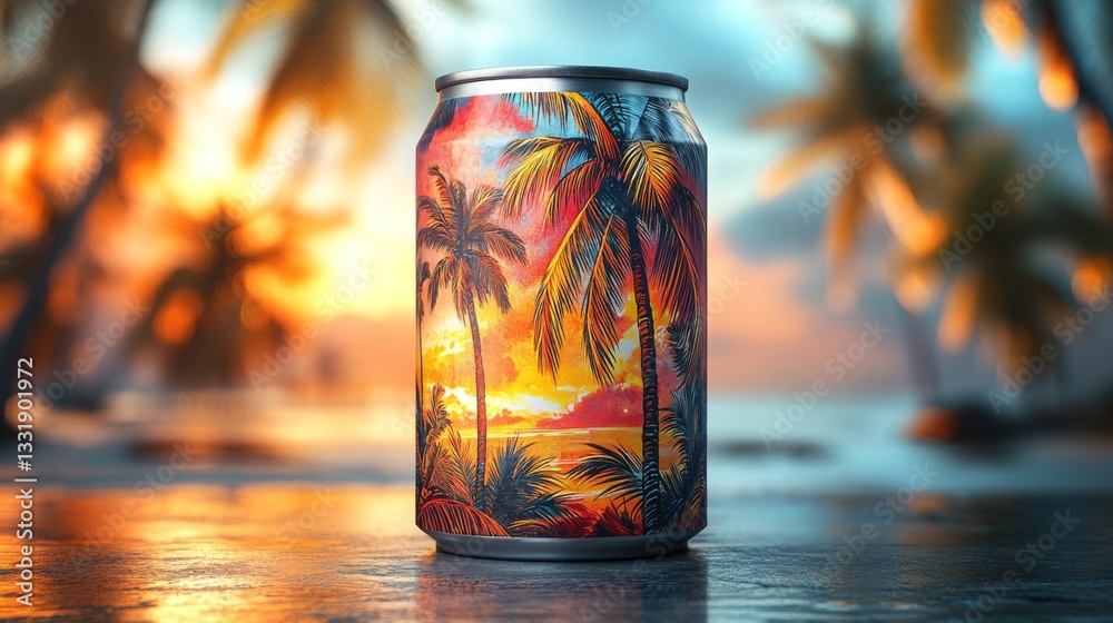 Aufkleber a tropical-themed can stands on a reflective surface, surrounded by a serene beach at sunset. palm t