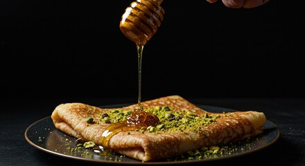 Delicious golden crepe with honey and pistachios sweet treat food dark meal tasty plate yummy snack