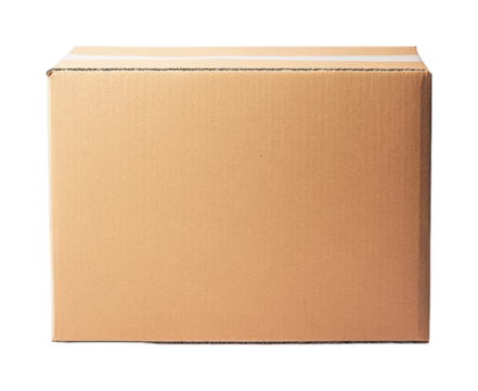 Large plain cardboard box standing against white background, cut out