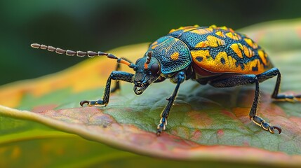 Vibrant Blue Yellow Black Insect on Green Leaf Macro Photography