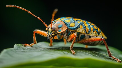 Vibrant Colorful Beetle on Dew Covered Leaf