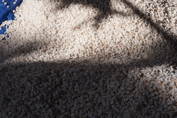 White puffed rice is spread over a blue plastic and shadow has fallen on this