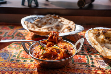 Butter paneer masala. Cottage cheese curry, hot spicy chicken korma, traditional indian food