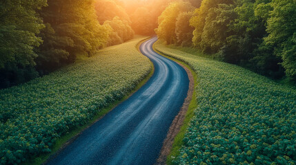 A winding road curves through a dense green forest, surrounded by mist