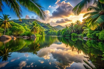 Seychelles La Digue Island: Serene Jungle Lake at Dawn - Stock Photo