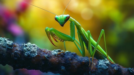 Vibrant Green Praying Mantis on a Branch