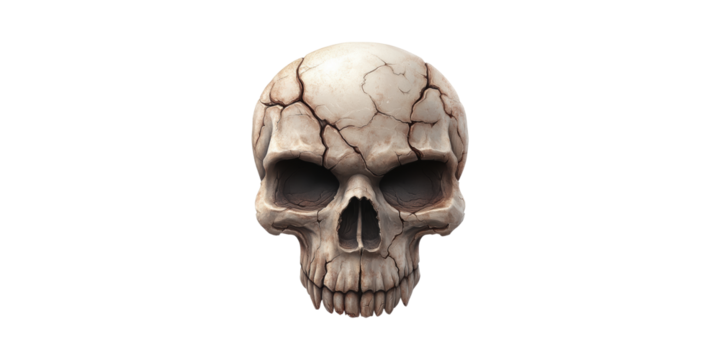 Cracked Human Skull Illustration. Symbol Of Mortality And Gothic Art Isolated On Transparent Background