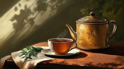 Fototapeta premium Aromatic Tea Time Still Life Painting Golden Teapot and Cup on Wooden Table