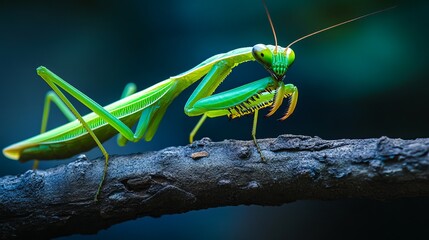 Vibrant Green Praying Mantis on Dark Branch