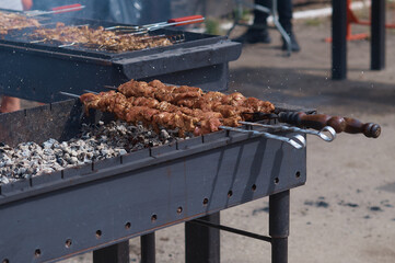 shashlik on the grill. no people. aromatic smoke ash, flies, ash in the air. shashlik on the grill. no people. aromatic smoke.