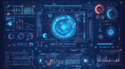 Fototapeta premium Futuristic HUD interface with glowing blue and orange digital elements, graphs, and charts on a dark background.