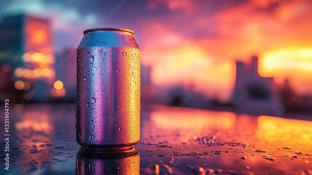 Poster A beverage can sits on a reflective surface, its surface adorned with droplets. The backdrop features a vivid sunset illuminating the city skyline, creating a serene yet vibrant atmosphere.