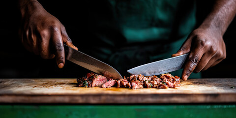 Cooked Beef Sliced with Two Knives on Wood Cutting Board