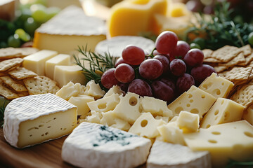 Assorted cheeses, crackers, and grapes arranged beautifully
