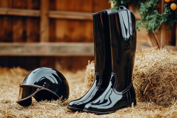 Polished black riding boots on display next to a riding helmet indoors Generative AI