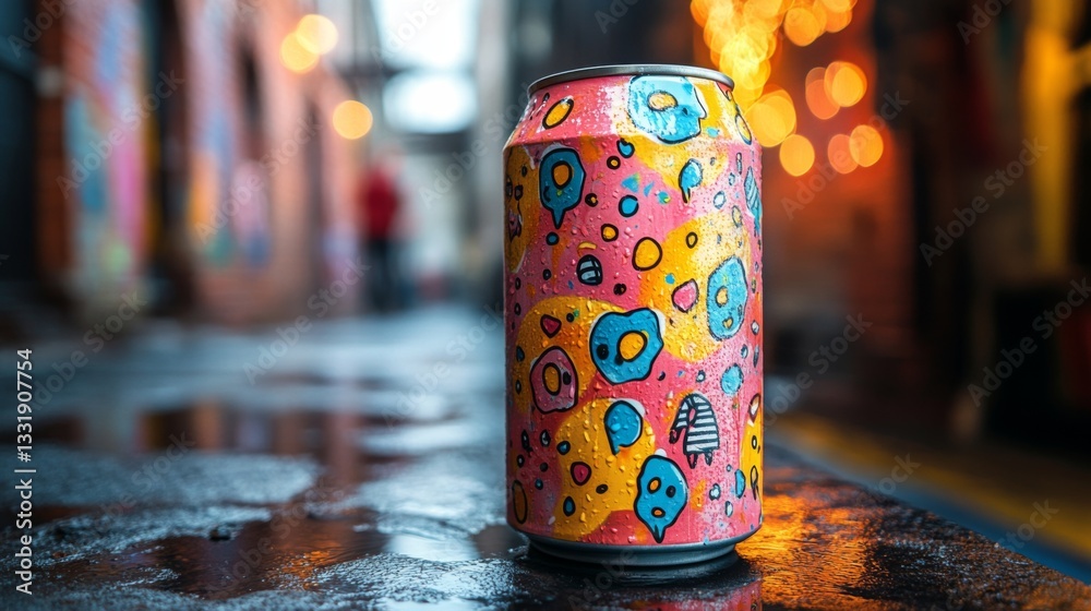 Poster a vibrant can with artistic designs is positioned on a rain-soaked surface in an alley. the backgrou