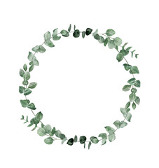 Floral wreath made of green eucalyptus leaves and branches,. Watercolor botanical foliage wreath. Hand-painted illustration. PNG clipart.