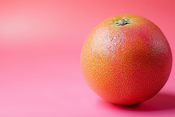 Fresh orange with water droplets on vibrant pink background, showcasing its texture and color. This captures essence of freshness and vitality