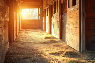 Obraz premium Empty horse stalls with scattered hay in warm morning light Generative AI
