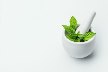 Fresh green leaves in white mortar and pestle, showcasing natura