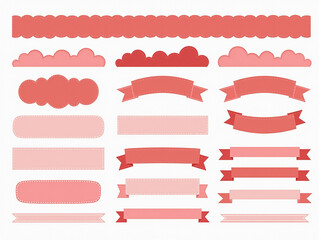 A collection of decorative banners and ribbons in various shades of red and pink, featuring different styles and shapes, perfect for graphic design projects, invitations, and announcements.
