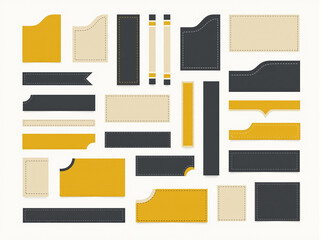A collection of stylized tags and labels in various shapes, featuring a modern color palette of yellow, cream, and dark gray with stitching details.