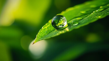 Water Droplet on Green Leaf in Sunlight