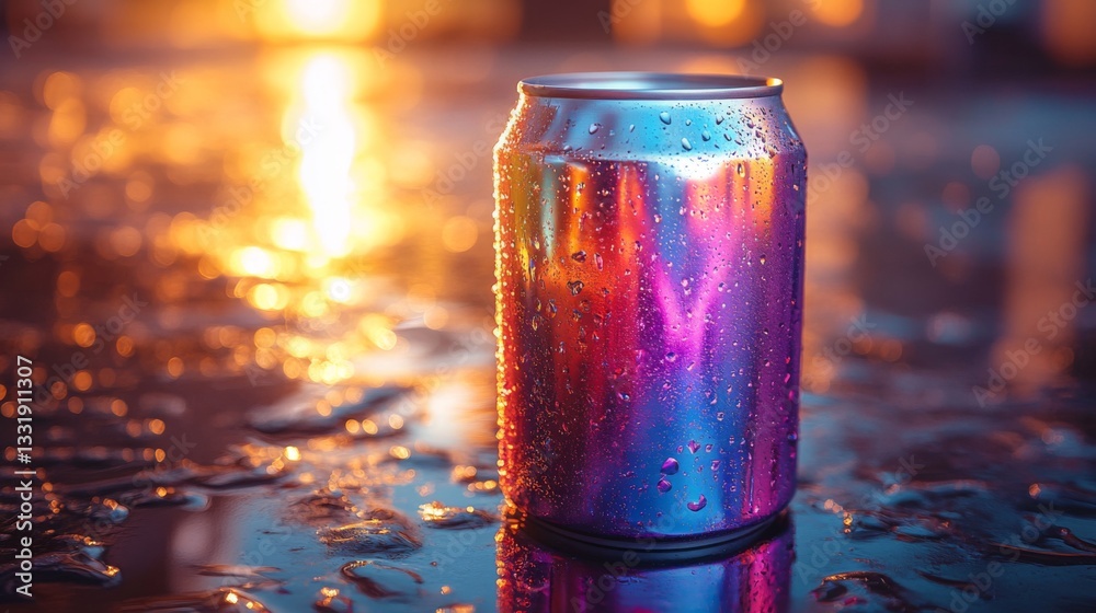 Poster A shiny can sits on a wet surface reflecting colorful lights in the background. The scene captures the beauty of a sunset after rain, creating an artistic ambiance.