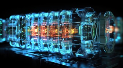 Futuristic transparent energy core glowing with orange and blue light.