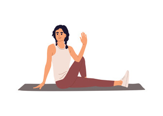 Girl practicing yoga in Ardha Matsyendrasana asana, sitting position, stretching posture, training body. Happy woman in seated spinal twist yoga pose. Vector illustration isolated on white background