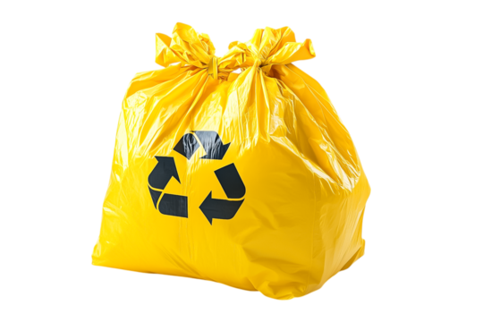 Yellow Plastic Recycling Bag With Recycle Symbol isolated on transparent background