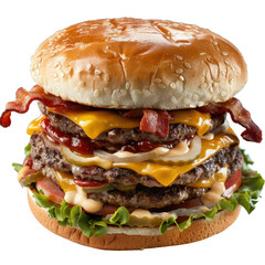 Indulgent Layered Bacon Cheeseburger with Fresh Vegetables and Tasty Sauces on a Soft Sesame Seed Bun