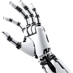 A robotic hand is displayed, showcasing intricate joints and a sleek design, emphasizing its advanced technology and mechanical features.