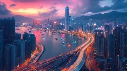 Fototapeta premium Hong Kong sunset, harbor, city, highway, lights